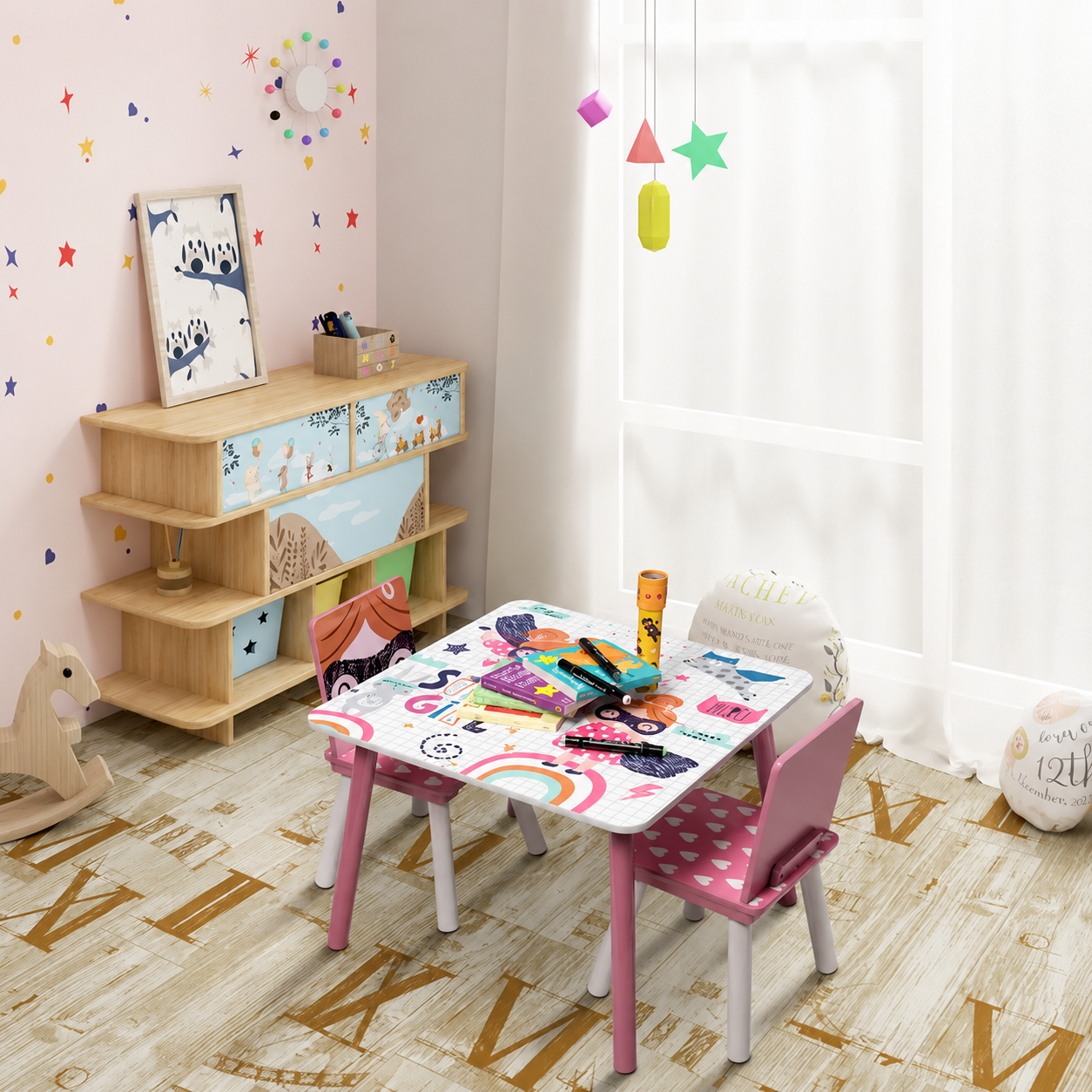 KINDER HOME Dečiji sto sa stolicama, drvena garnitura - za učenje, igru, jelo, nameštaj za dečiju sobu, belo i roze - SUPER GIRL
