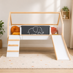 KINDER HOME Kućica za dečiji krevet, Montesori, dvospratna, tobogan, crna tabla, ram dušeka 90k200 cm