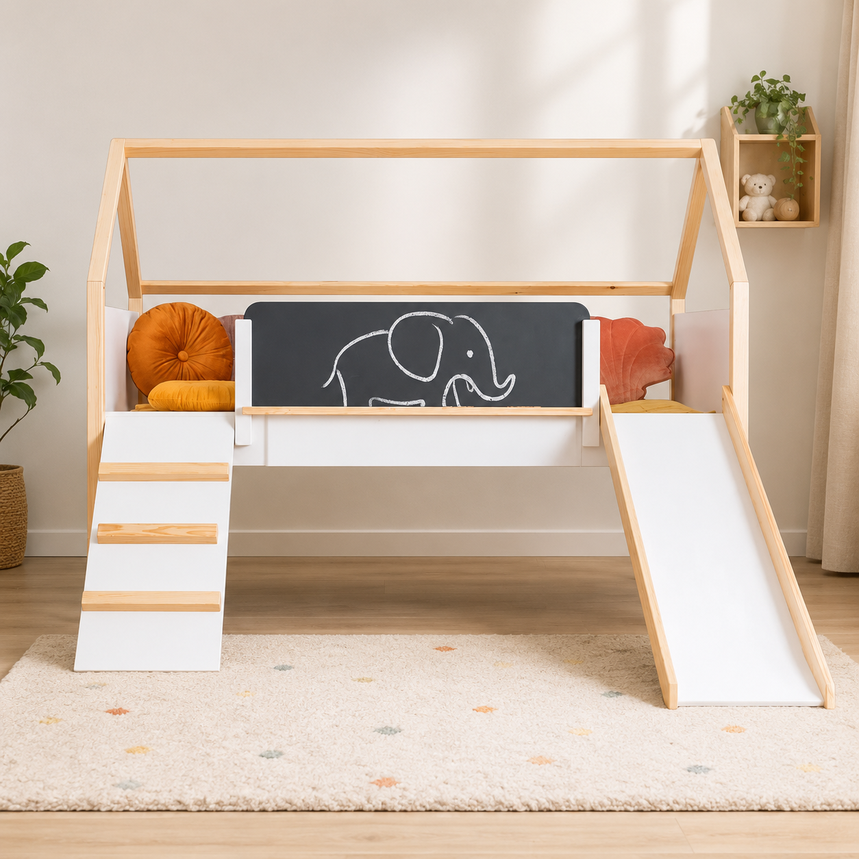 KINDER HOME Kućica za dečiji krevet, Montesori, dvospratna, tobogan, crna tabla, ram dušeka 90k200 cm