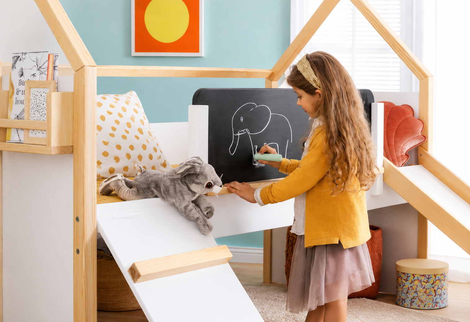 KINDER HOME Kućica za dečiji krevet, Montesori, dvospratna, tobogan, crna tabla, ram dušeka 90k200 cm