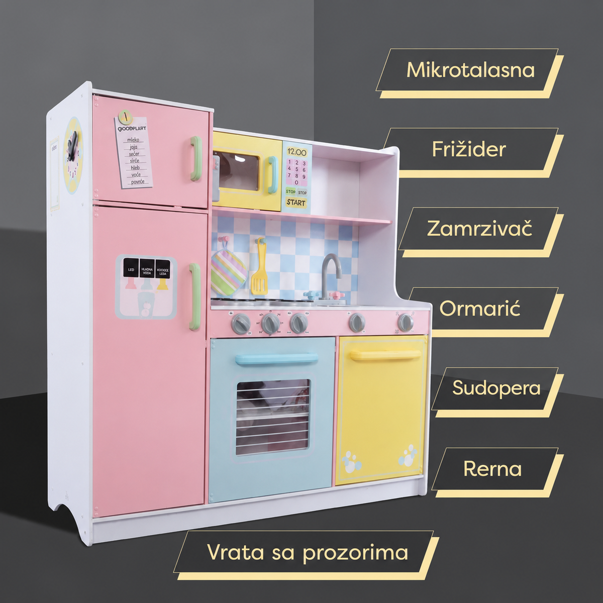 KINDER HOME Dečija kuhinja, drvena igračka za igranje uloga sa šarenim dizajnom, dimenzije
