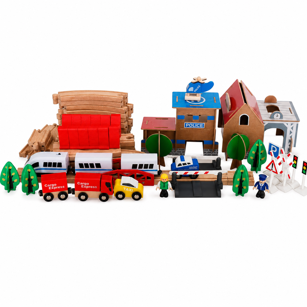 KINDER HOME Dečiji drveni voz, 88 delova, lokomotiva sa baterijom, 3+