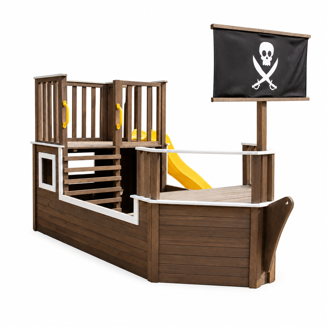 KINDER HOME Dečija drvena penjalica Piratski brod sa toboganom i peskarnikom – Za dvorište i baštu, 310×320×180 cm