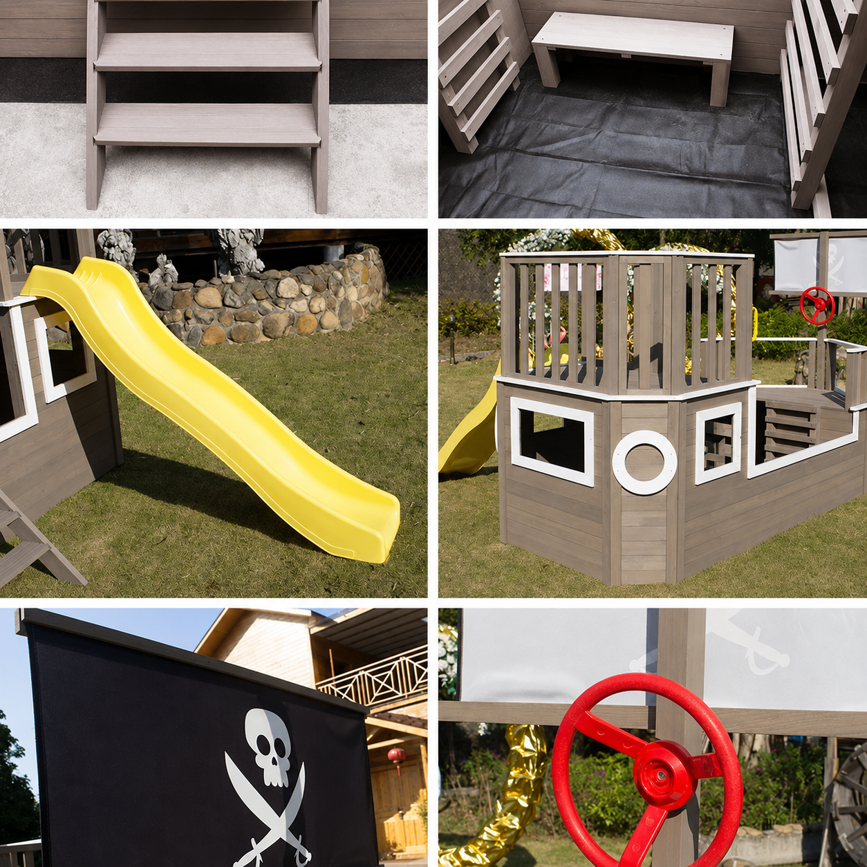 KINDER HOME Dečija drvena penjalica Piratski brod sa toboganom i peskarnikom – Za dvorište i baštu, 310×320×180 cm