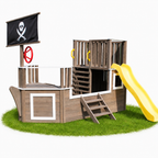 KINDER HOME Dečija drvena penjalica Piratski brod sa toboganom i peskarnikom – Za dvorište i baštu, 310×320×180 cm