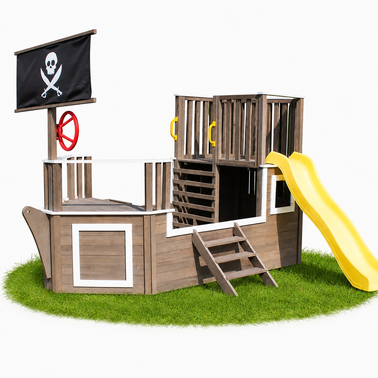 KINDER HOME Dečija drvena penjalica Piratski brod sa toboganom i peskarnikom – Za dvorište i baštu, 310×320×180 cm