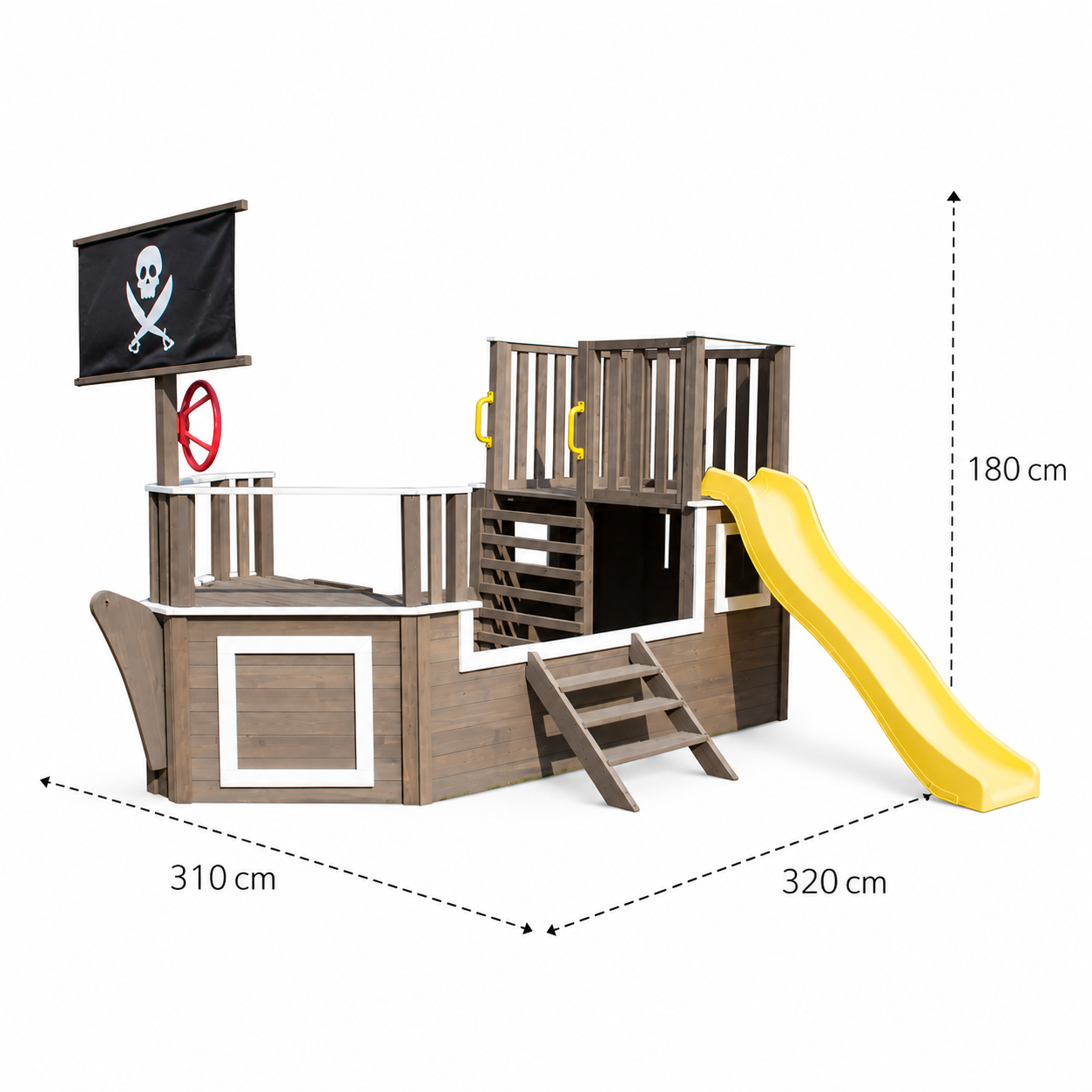 KINDER HOME Dečija drvena penjalica Piratski brod sa toboganom i peskarnikom – Za dvorište i baštu, 310×320×180 cm