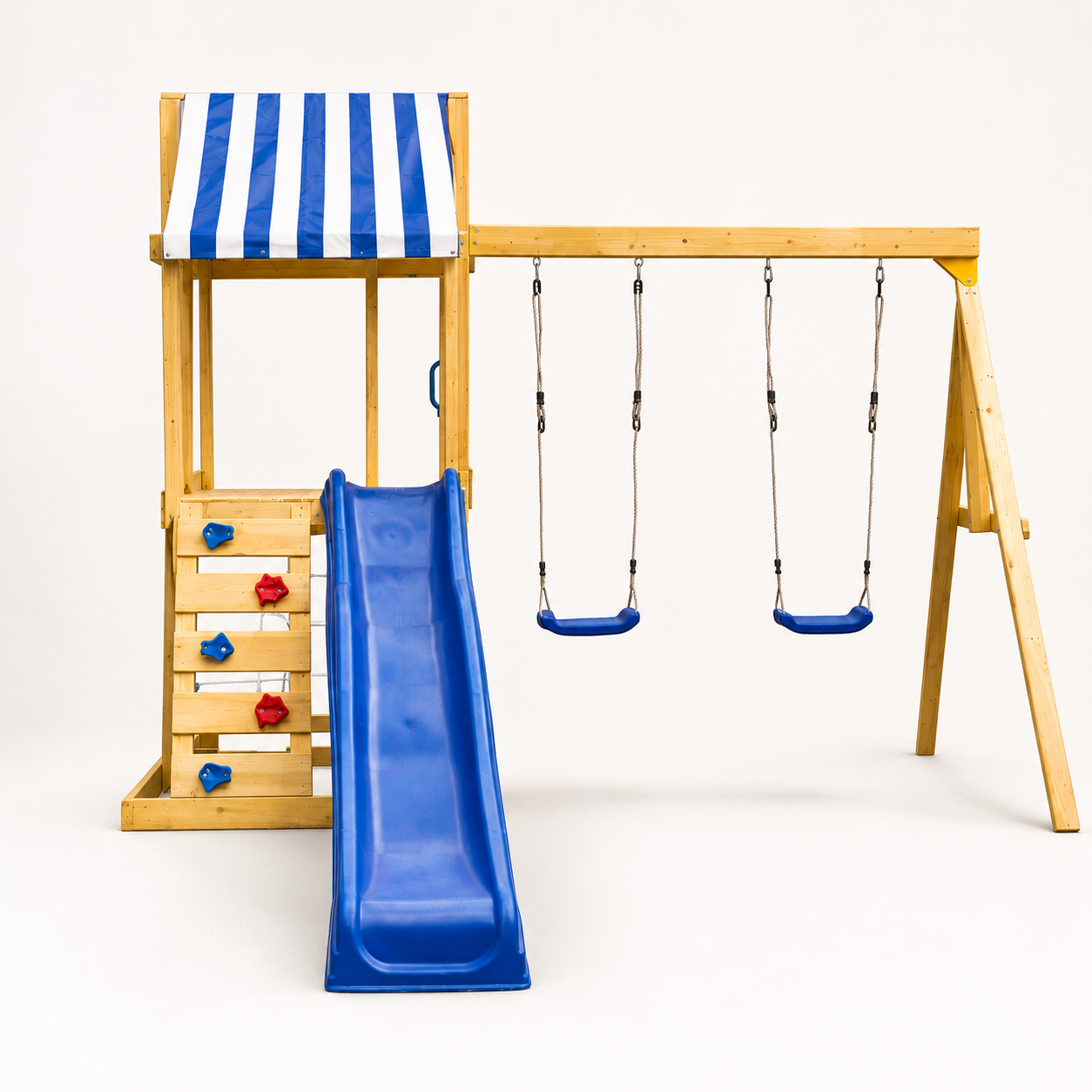 KINDER HOME Dečiji drveni set za igru na otvorenom 4 u 1 – tobogan 1,8 m, 2 ljuljaške, penjalica i mreža od konopaca, 308×318×244 cm
