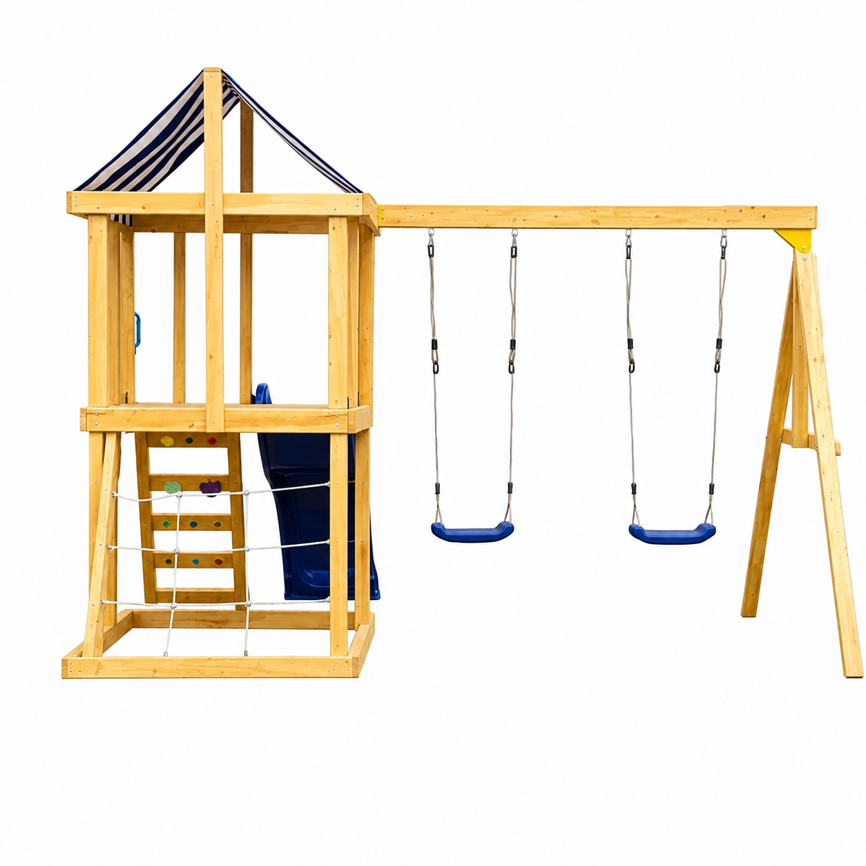 KINDER HOME Dečiji drveni set za igru na otvorenom 4 u 1 – tobogan 1,8 m, 2 ljuljaške, penjalica i mreža od konopaca, 308×318×244 cm