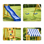KINDER HOME Dečiji drveni set za igru na otvorenom 4 u 1 – tobogan 1,8 m, 2 ljuljaške, penjalica i mreža od konopaca, 308×318×244 cm