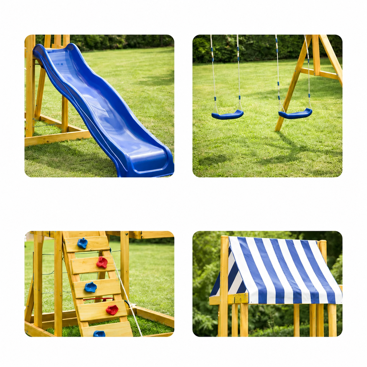 KINDER HOME Dečiji drveni set za igru na otvorenom 4 u 1 – tobogan 1,8 m, 2 ljuljaške, penjalica i mreža od konopaca, 308×318×244 cm