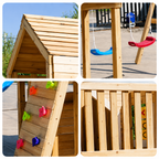 KINDER HOME Velika dečija drvena kućica za igru za dvorište sa toboganom, 2 ljuljaške, penjalicom i peskarnikom – 250×150×267 cm