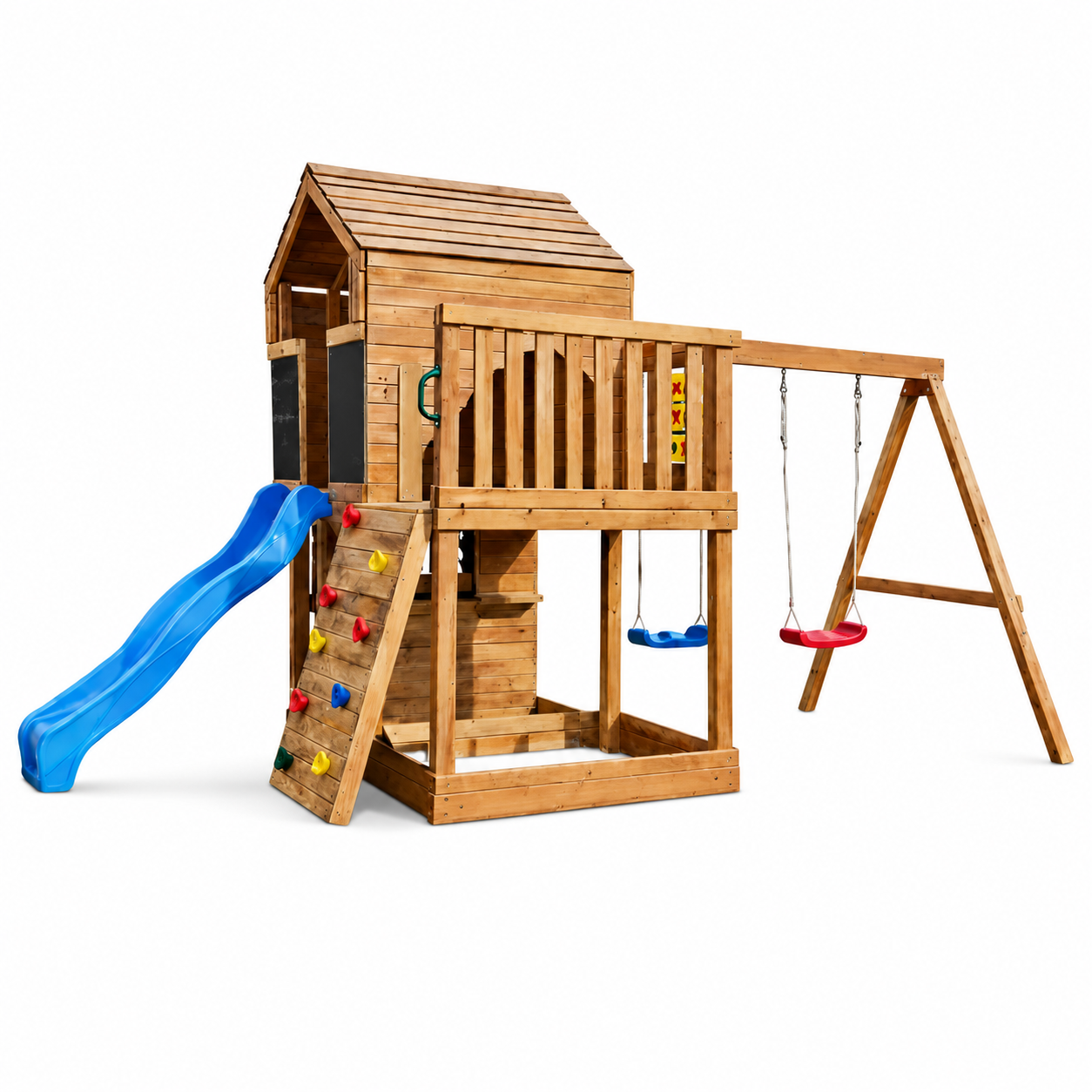 KINDER HOME Velika dečija drvena kućica za igru za dvorište sa toboganom, 2 ljuljaške, penjalicom i peskarnikom – 250×150×267 cm