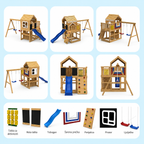 KINDER HOME Velika dečija drvena kućica za igru za dvorište sa toboganom, 2 ljuljaške, penjalicom i peskarnikom – 250×150×267 cm