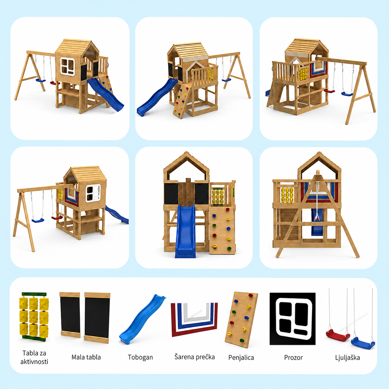 KINDER HOME Velika dečija drvena kućica za igru za dvorište sa toboganom, 2 ljuljaške, penjalicom i peskarnikom – 250×150×267 cm