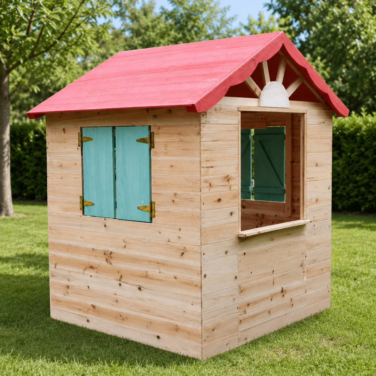 KINDER HOME Dečija drvena kućica za igru na otvorenom - za dvorište i baštu, 115×102×129 cm