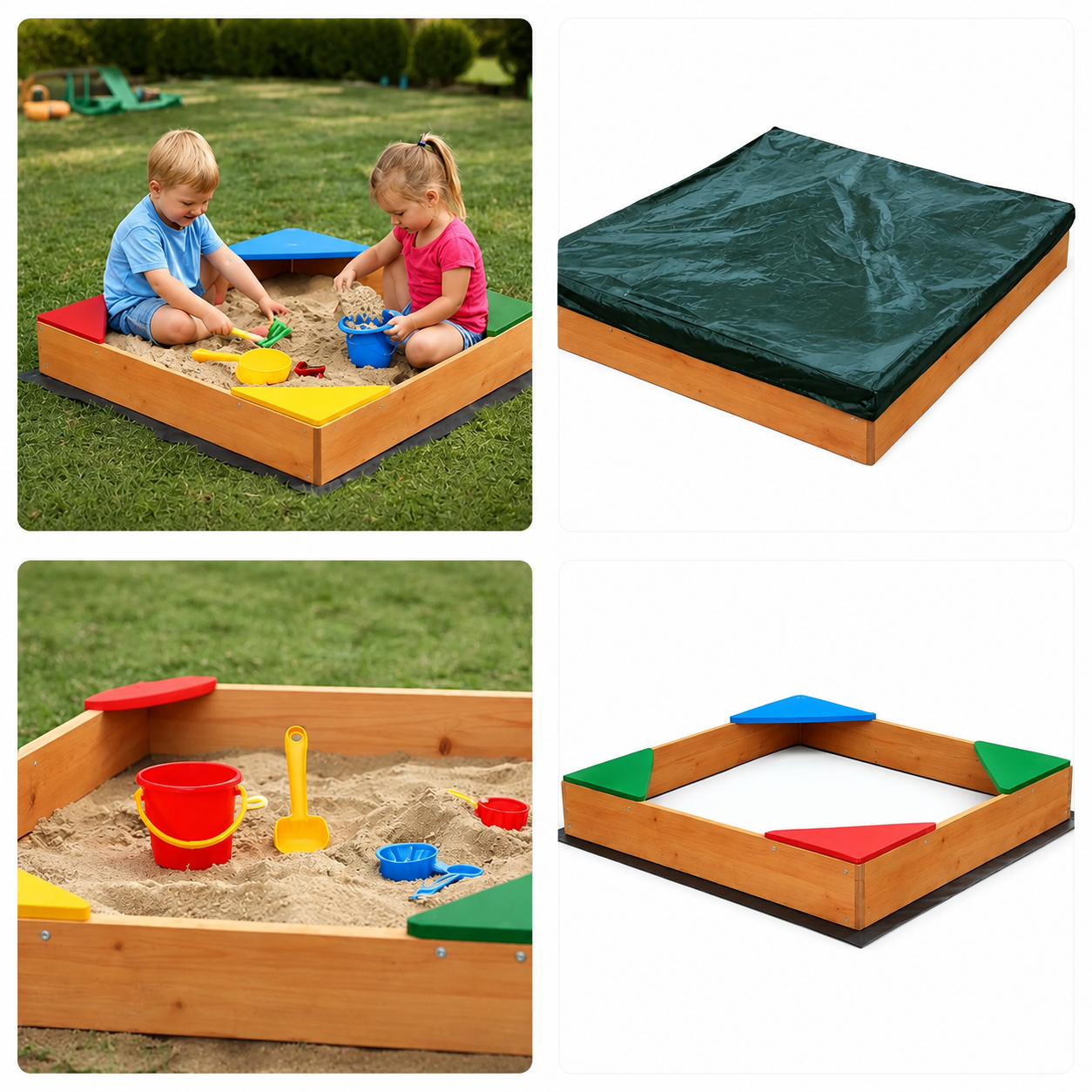KINDER HOME Dečiji drveni peskarnik sa 4 sedišta – 90x90 cm, za dvorište i baštu