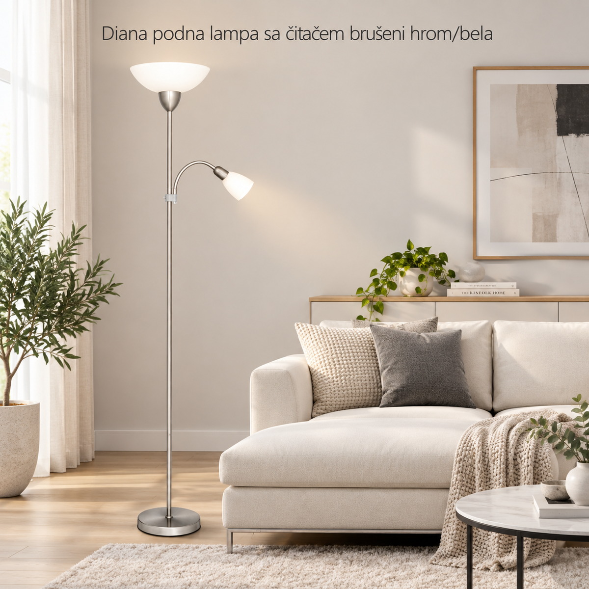 Diana podna lampa sa čitačem E27+E14 brušeni hrom/bela