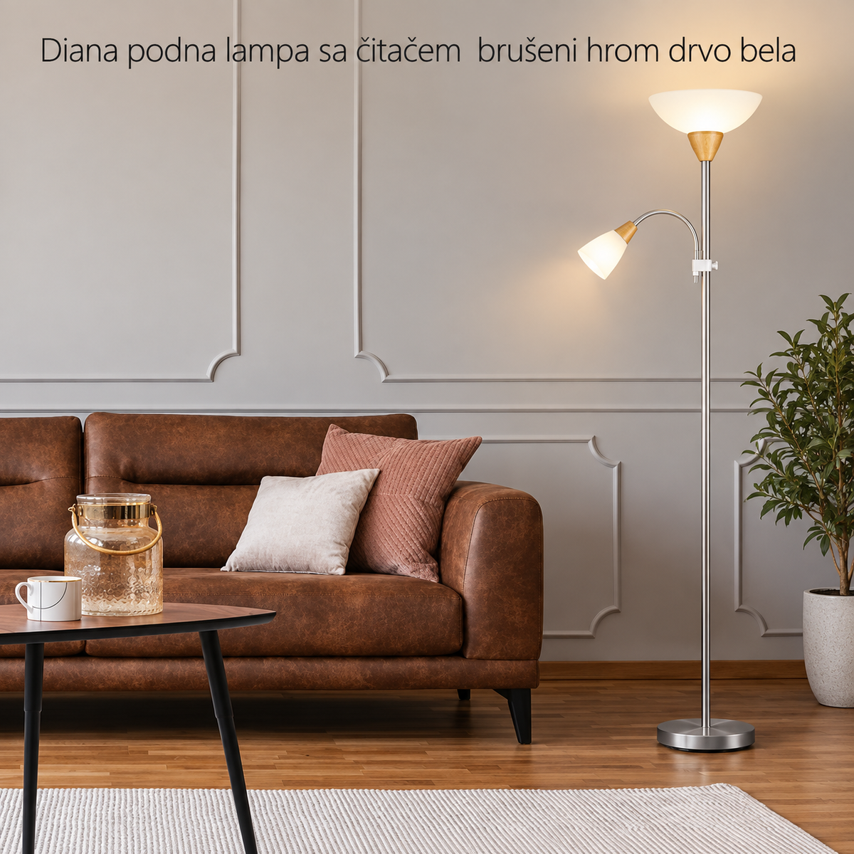 Diana podna lampa sa čitačem E27+E14 brušeni hrom drvo bela
