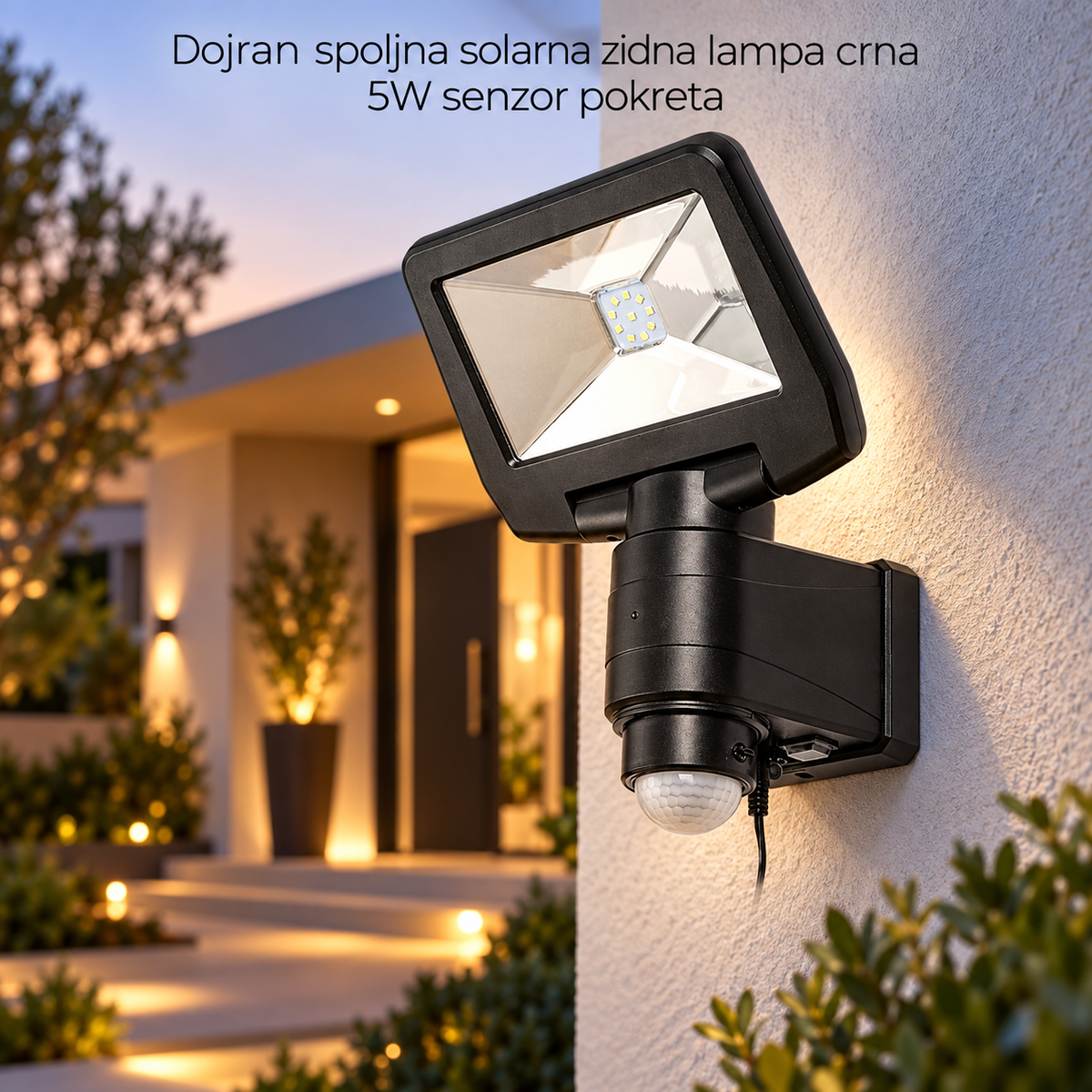 Dojran spoljna solarna zidna lampa crna 5W senzor pokreta