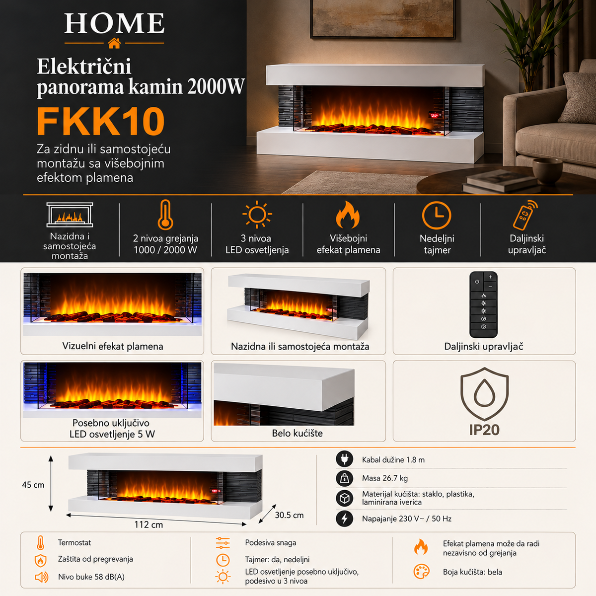 Električni panorama kamin 2000W FKK10