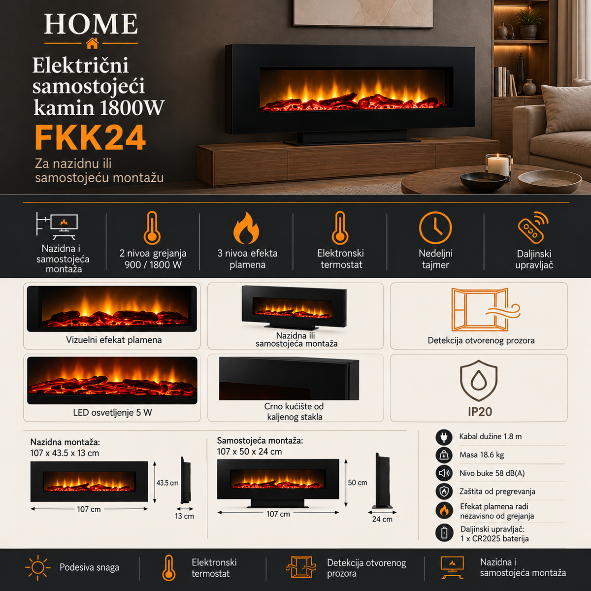 Električni samostojeći kamin 1800W FKK