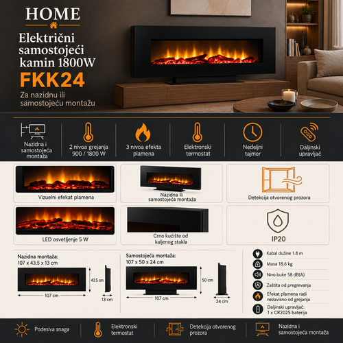 Električni samostojeći kamin 1800W FKK