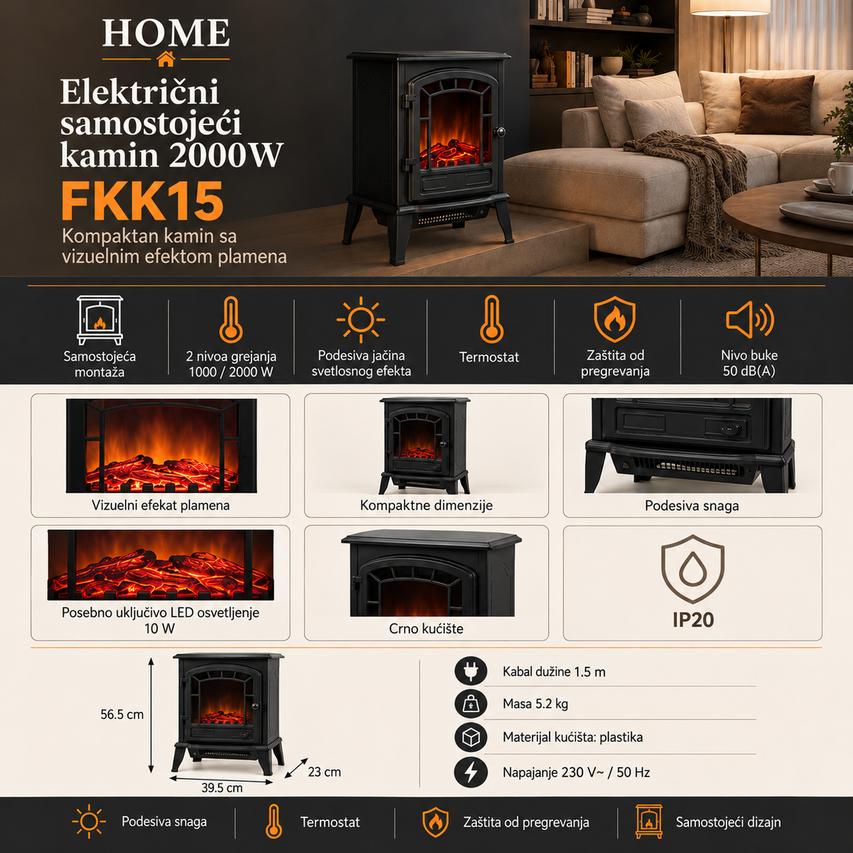 Električni samostojeći kamin 2000W FKK15