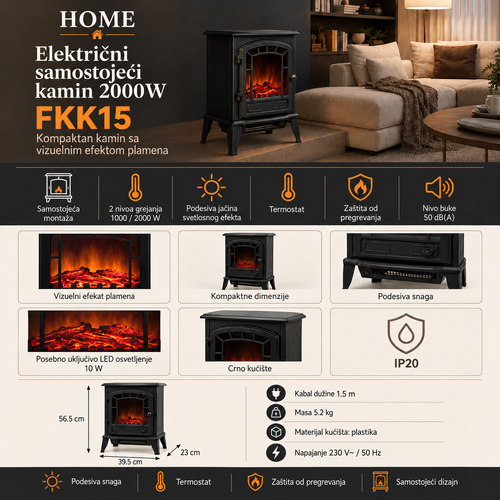Električni samostojeći kamin 2000W FKK15