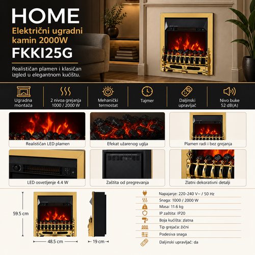 Električni ugradni kamin 2000W FKKI25G