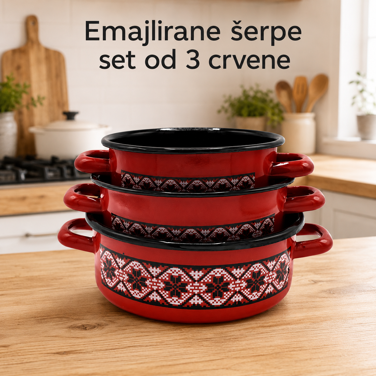 Emajlirane šerpe set od 3 crvene