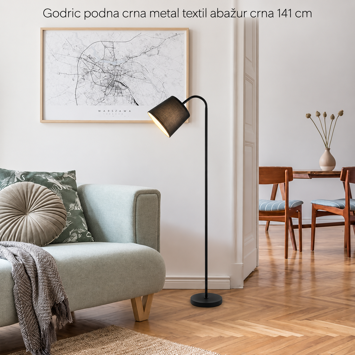 Godric podna E27 crna metal/textil abažur crna 141 cm