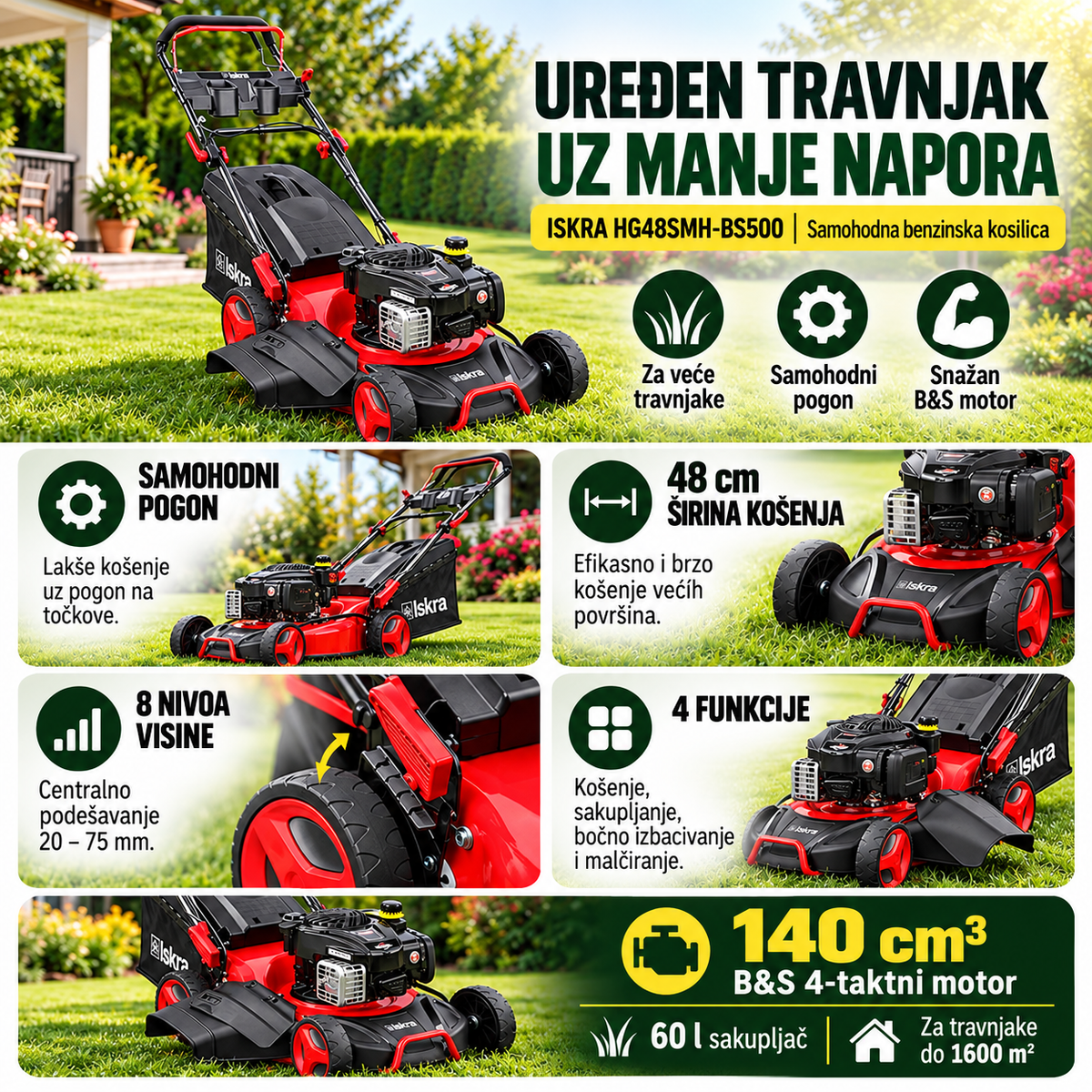 ISKRA samohodna benzinska kosilica za travu 140cm3 HG48SMH-BS500