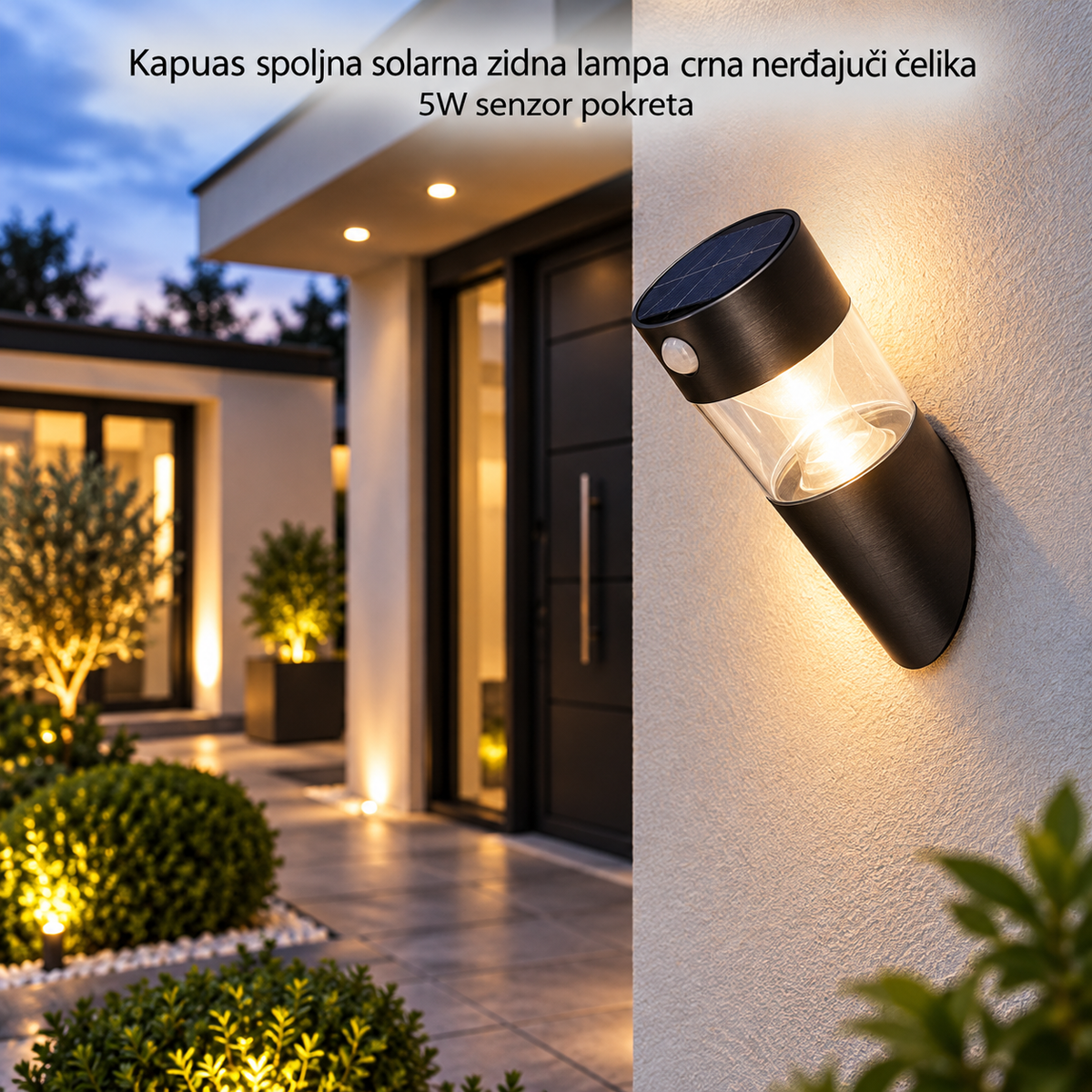 Kapuas spoljna solarna zidna lampa crna nerđajući čelika 5W senzor pokreta