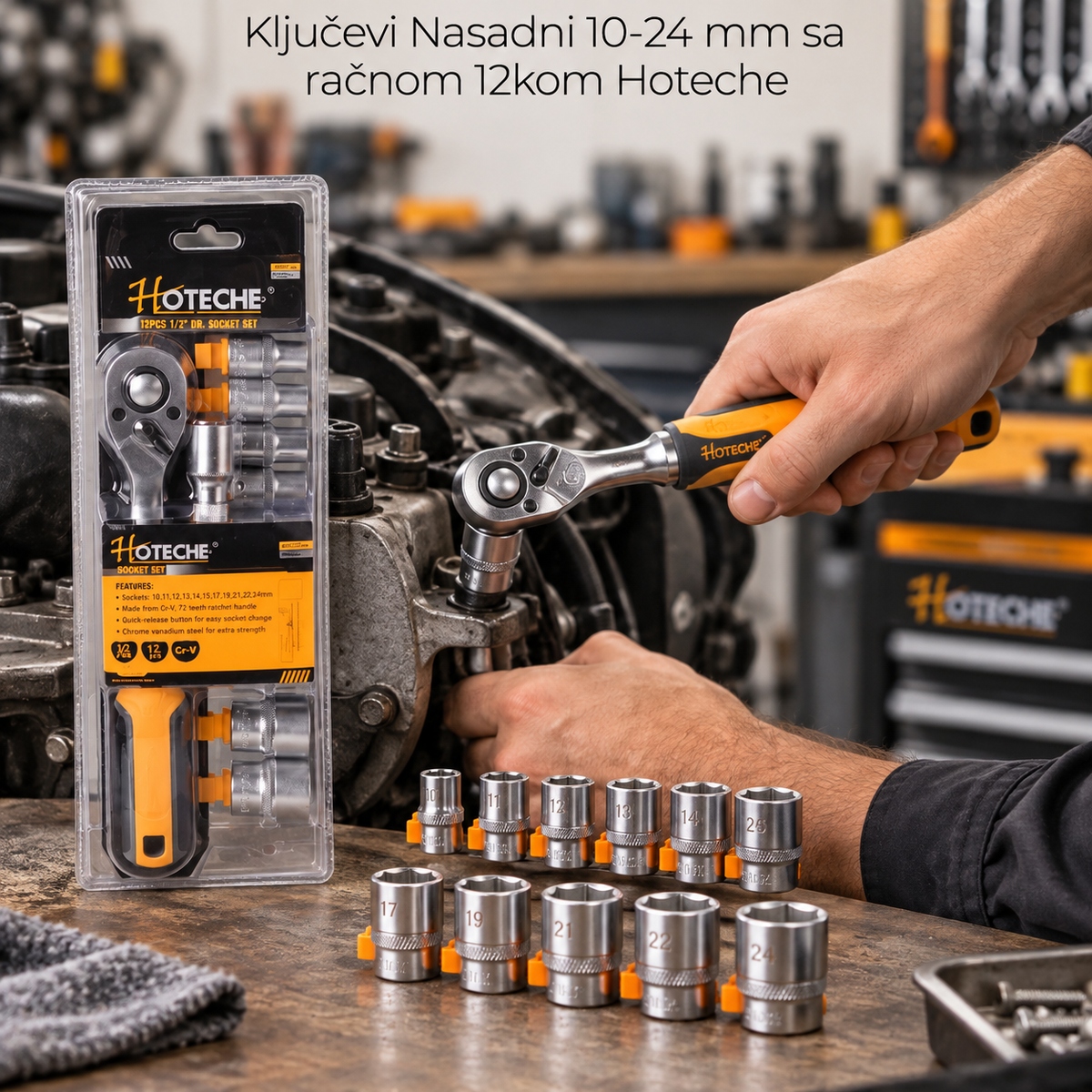Ključevi Nasadni 10-24 mm sa račnom   12kom Hoteche