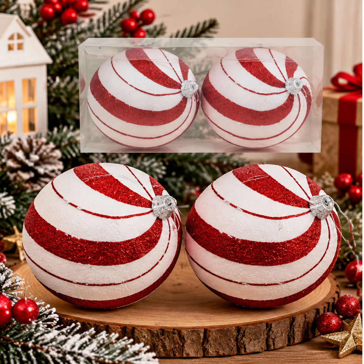 Kugle za jelku  set 2kom  10cm  gliter belo crvene
