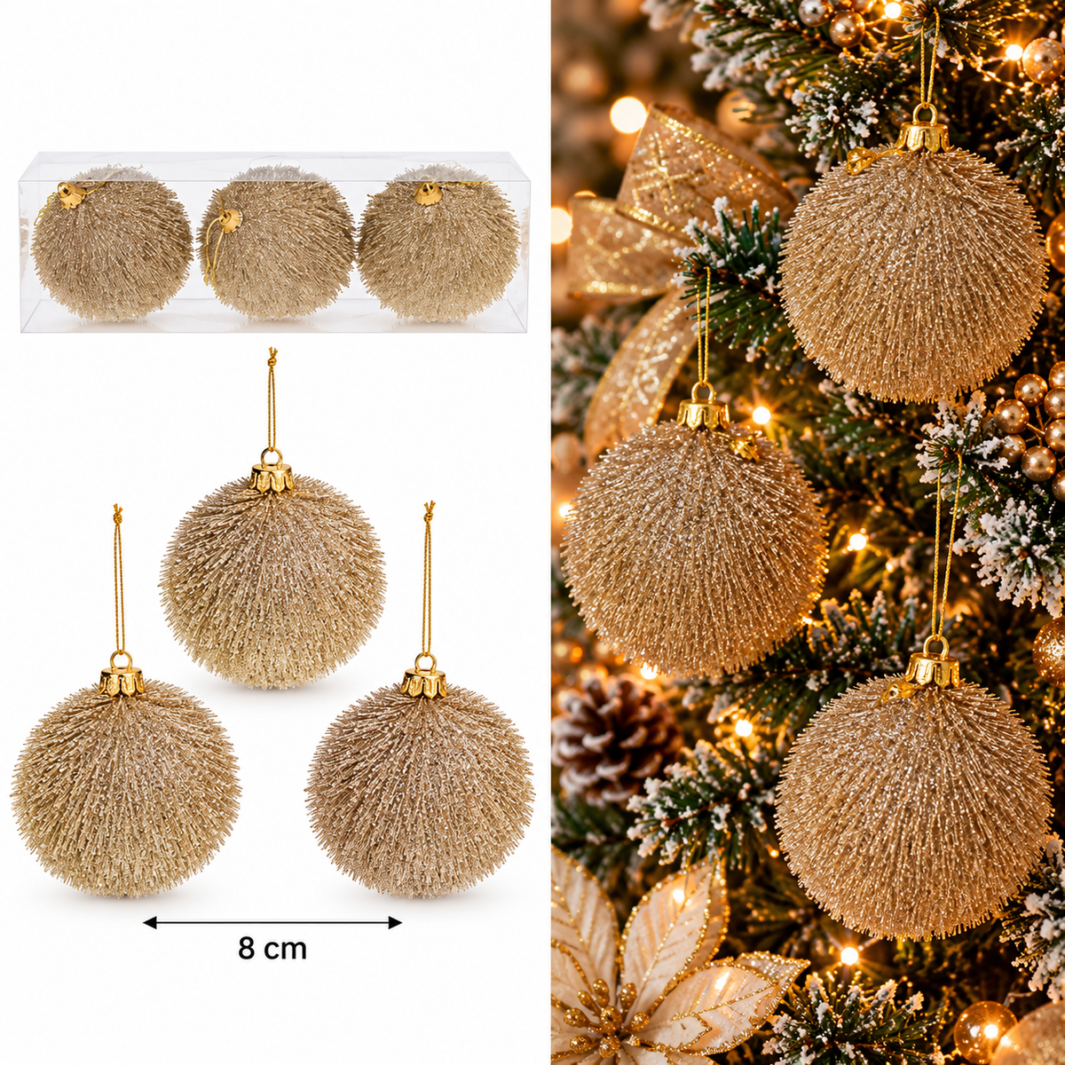 Kugle za jelku   set 3kom  8cm gliter zlatne 594272