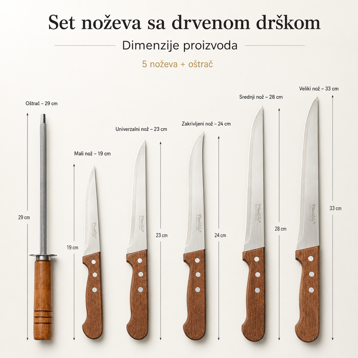 Set noževa sa drvenom drškom i oštrilom
