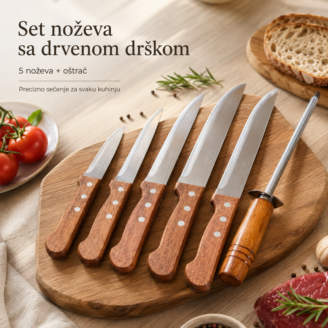 Set noževa sa drvenom drškom i oštrilom