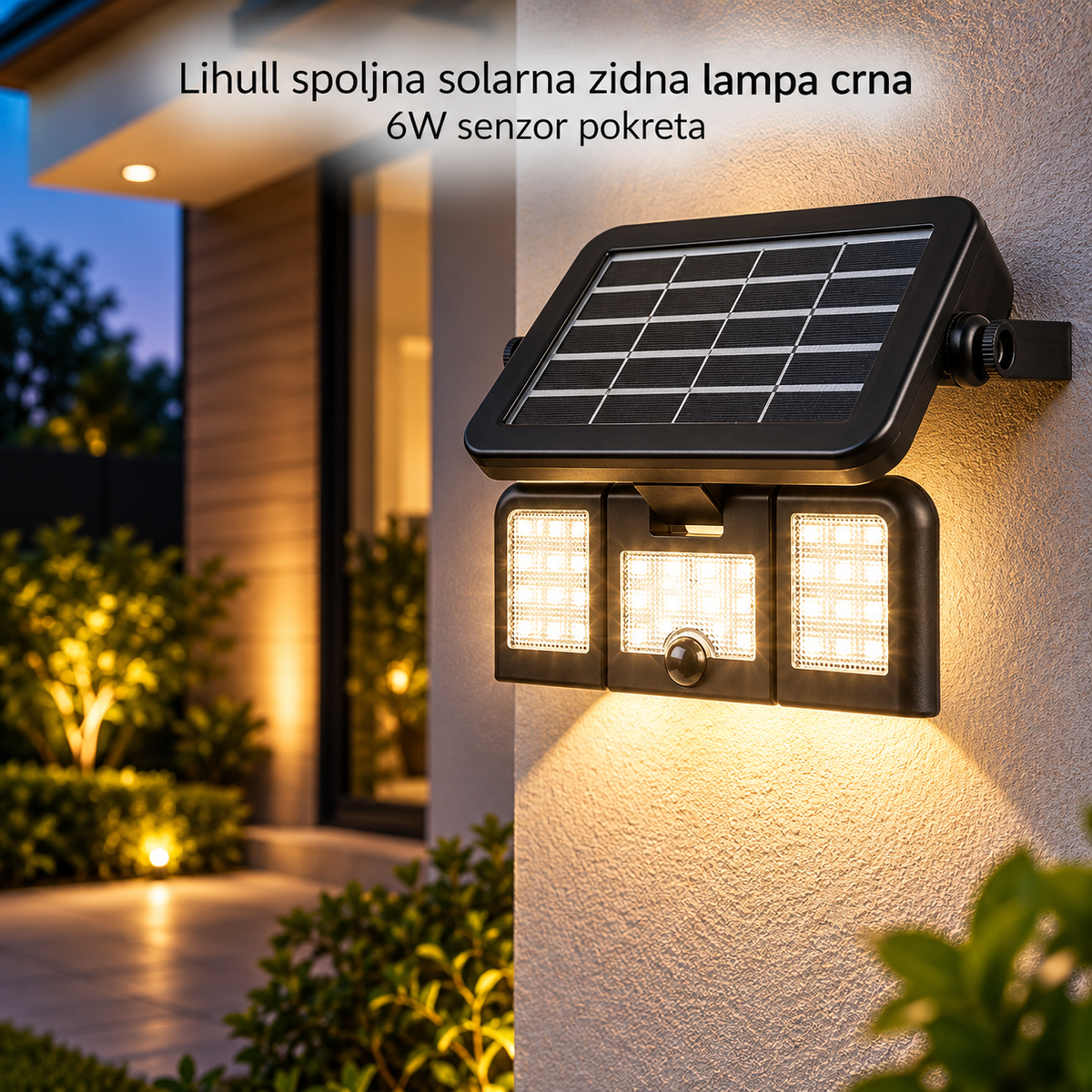 Lihull spoljna solarna zidna lampa crna 6W 4000K senzor pokreta