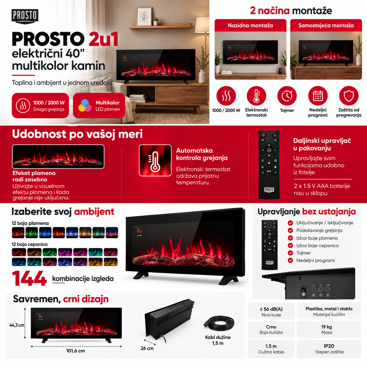 PROSTO 2u1 električni 40" multikolor kamin 2000W EK40A12L