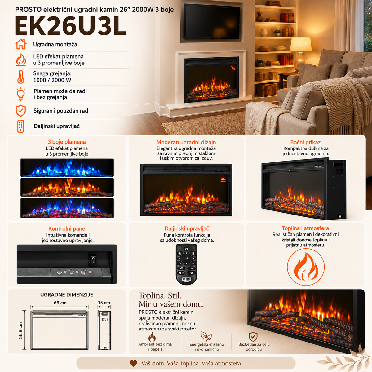 PROSTO električni ugradni kamin 26" 2000W 3 boje EK26U3L