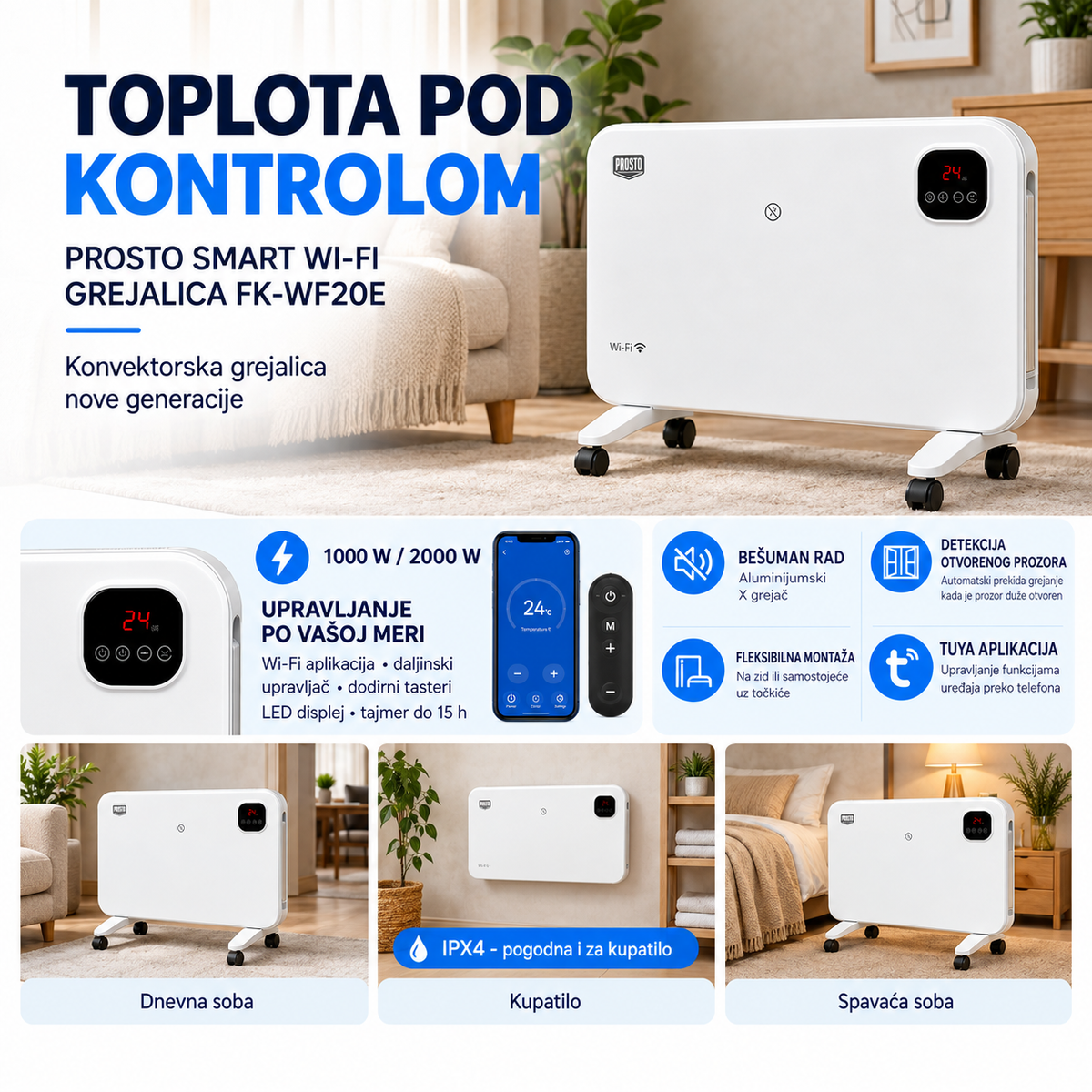 PROSTO smart konvektorska Wi-Fi grejalica FK-WF20E