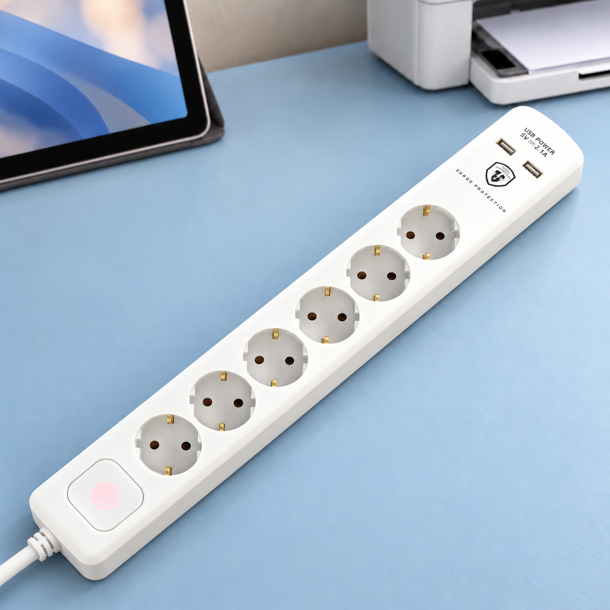 Produžni kabl sa zaštitom, 6 utičnica, 1.5mm², 1,4 met, USB NVT 06K USB/WH