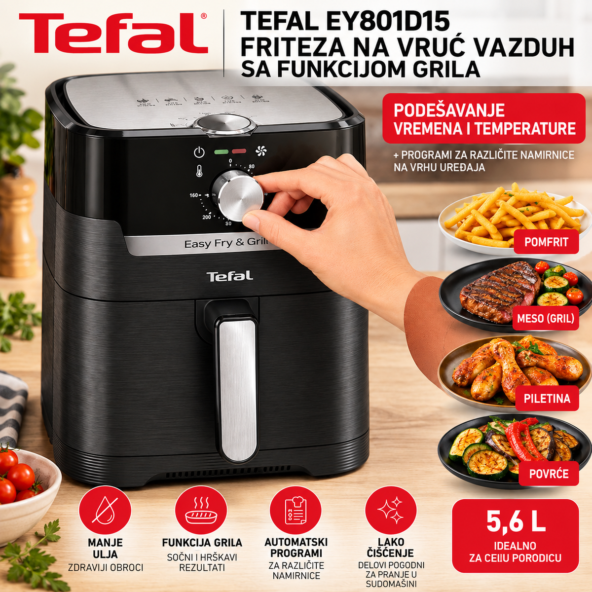 TEFAL EY801D15 FRITEZA NA VRUĆ VAZDUH SA FUNKCIJOM GRILA