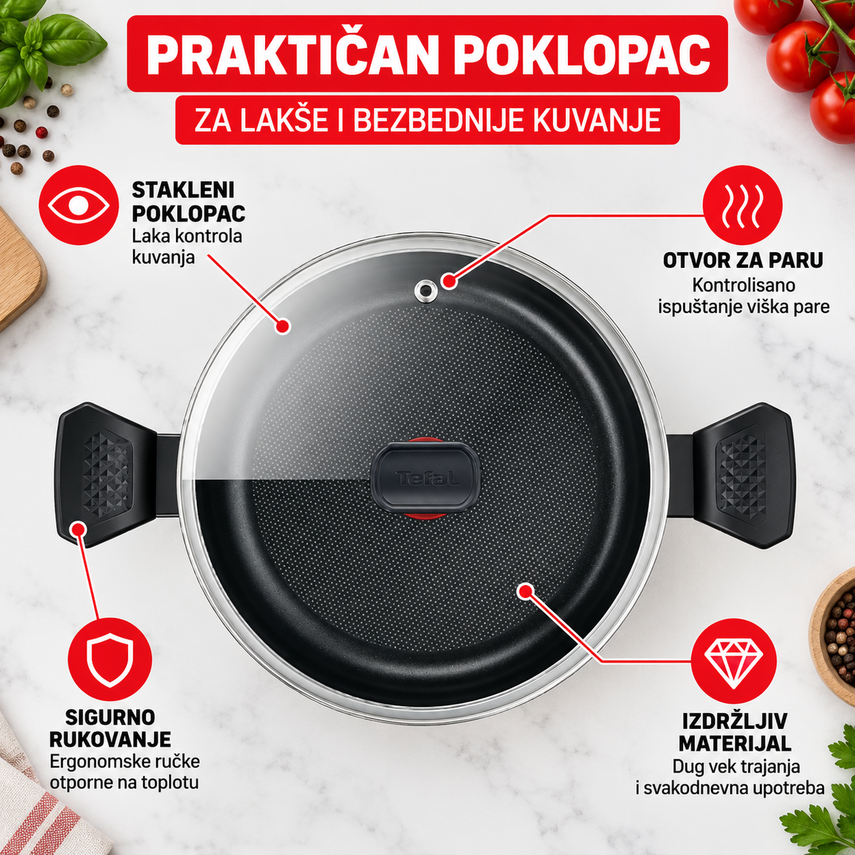 TEFAL ŠERPA SA POKLOPCEM 24CM B5674653 EASY COOK AND CLEAN