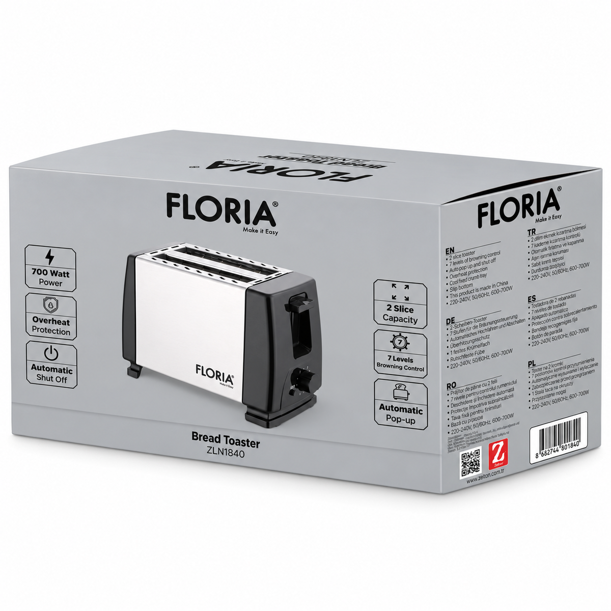 Toster za hleb, 7 nivoa grejanja, 700 W, sivi ZLN1840
