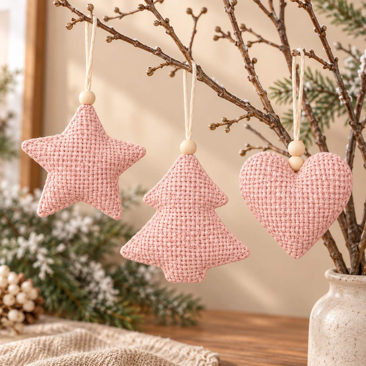 Ukras za jelku plišana zvezda, jelka i srce set 3kom  13cm roze  61300