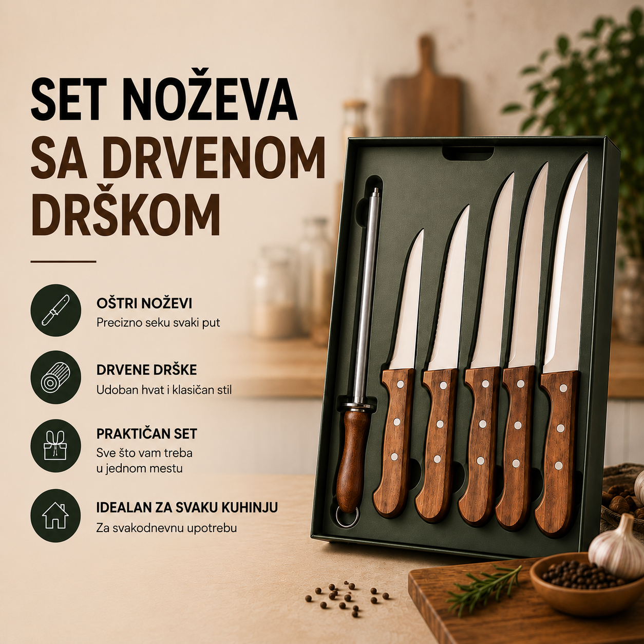 SET NOŽEVA SA DRVENOM DRŠKOM I OŠTRILOM