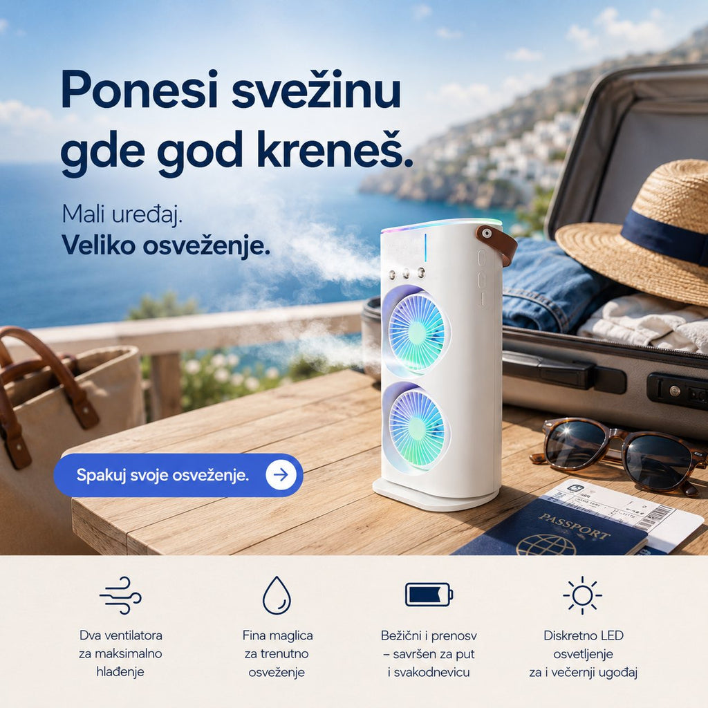 CoolBreeze Duo – Prenosivi ventilator sa dvostrukim hlađenjem i osvežavajućom maglicom